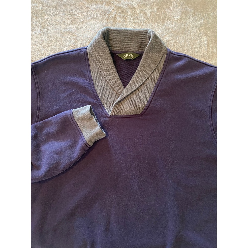 Orvis Sweatshirt Mens XL Navy Blue Shawl Collar‎ Pullover Contrast Trim Cotton
